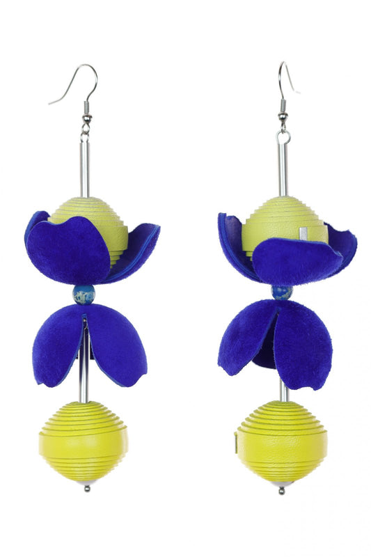 Leather Earrings - Blue + Yellow