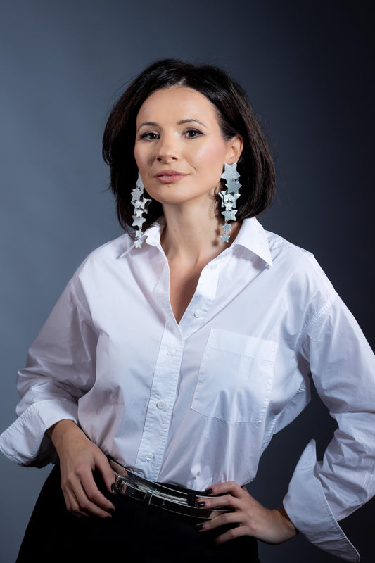 Cercei Ploaie de Stele - Alb cu glitter