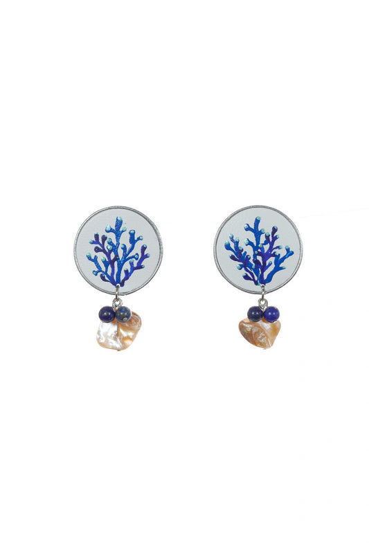 Cercei pictati manual - Coral albastru + Lapis Lazuli