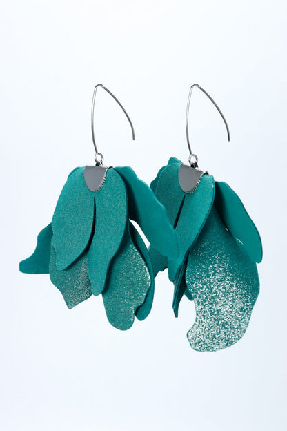 Cercei floare mare - Verde cu sclipici