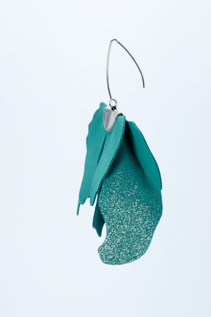 Cercei floare mare - Verde cu sclipici