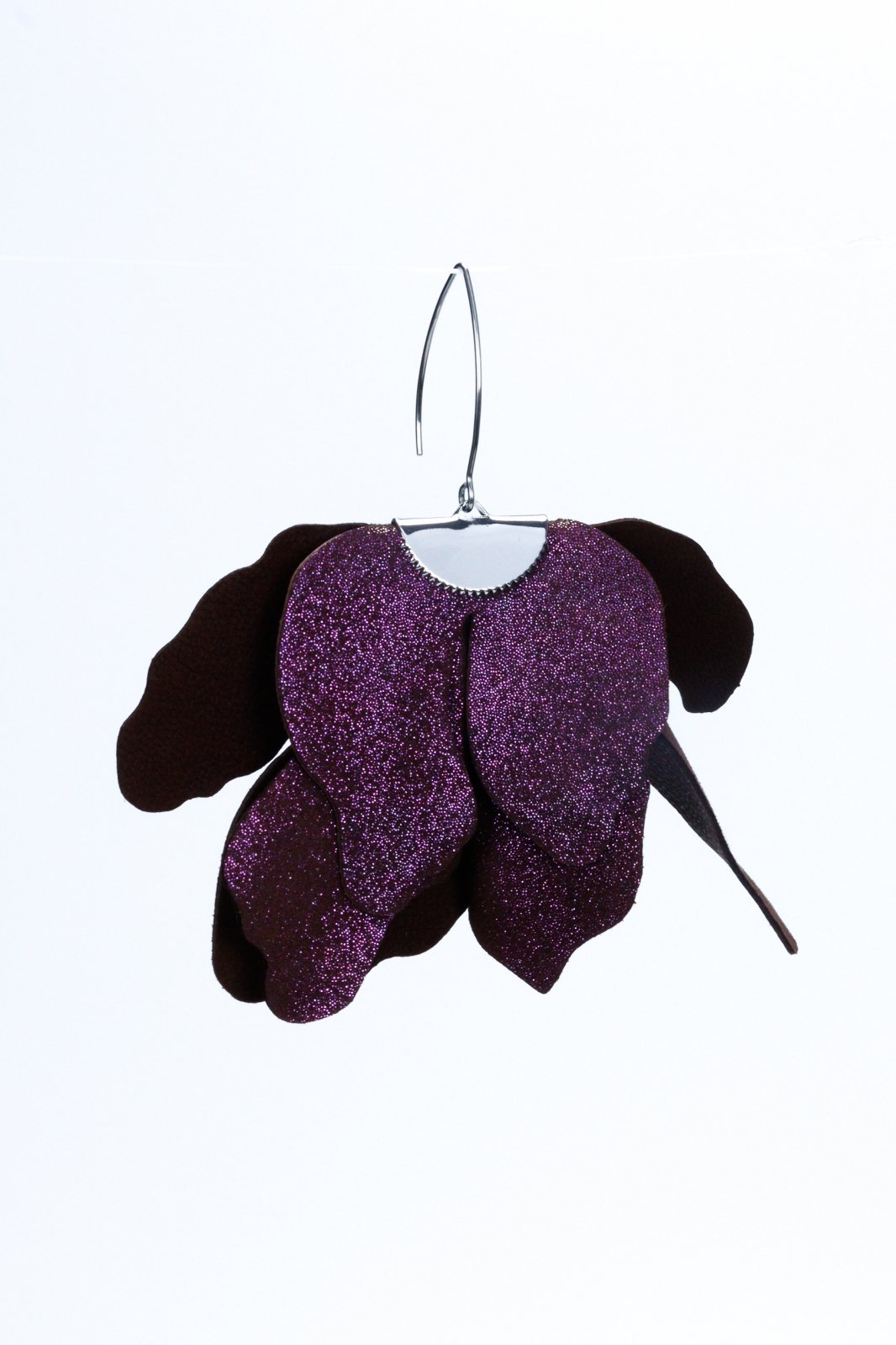 Large flower earrings - Brown with purple glitter