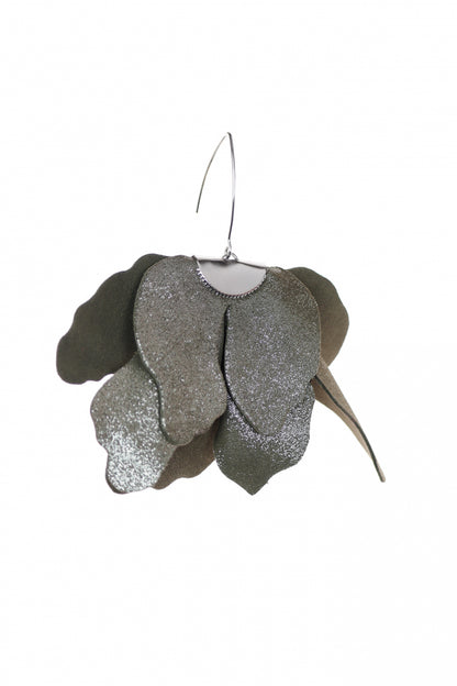 Cercei floare mare - Kaki cu sclipici