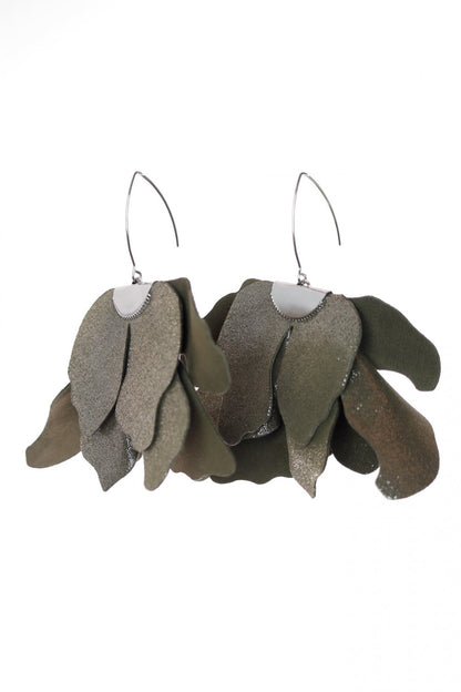 Cercei floare mare - Kaki cu sclipici