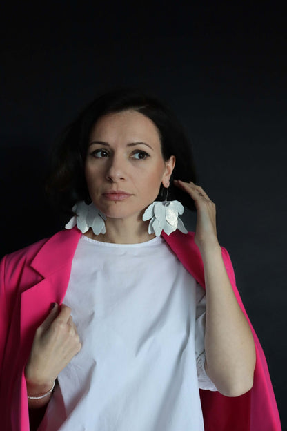 Cercei floare mare - Argintiu cu sclipici