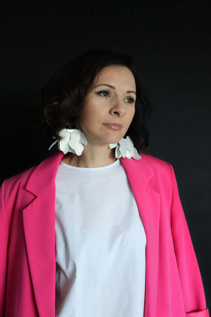 Cercei floare mare - Argintiu cu sclipici