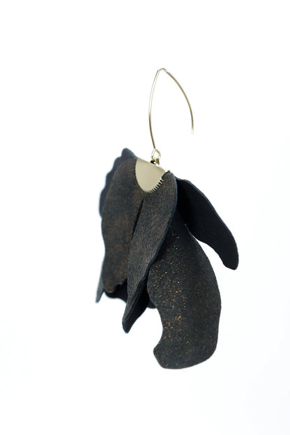 Cercei floare mare - Negru cu sclipici auriu