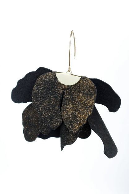 Cercei floare mare - Negru cu sclipici auriu