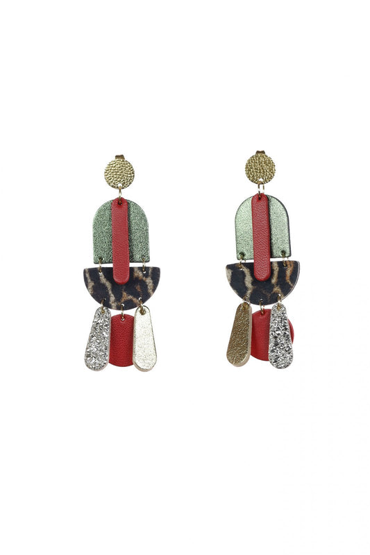 Cercei Geometric Mix - Animal print + Verde metalic