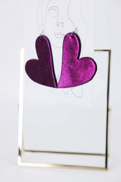 Cercei inima - Mov cu sclipici