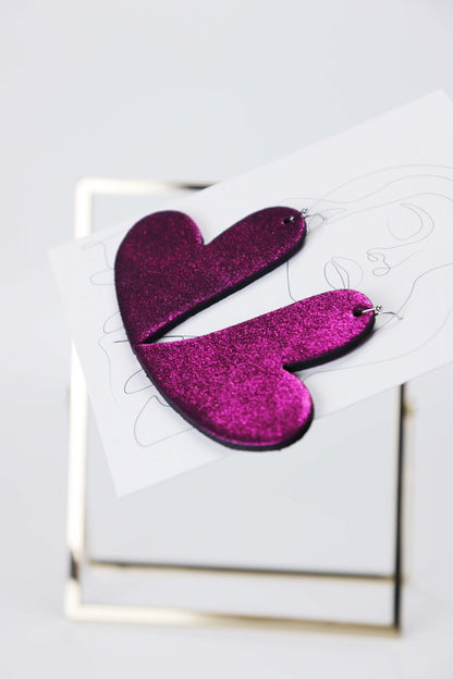 Cercei inima - Mov cu sclipici