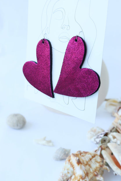 Cercei inima - Mov cu sclipici