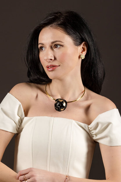 Colier inchis din piele naturala si otel inoxidabil