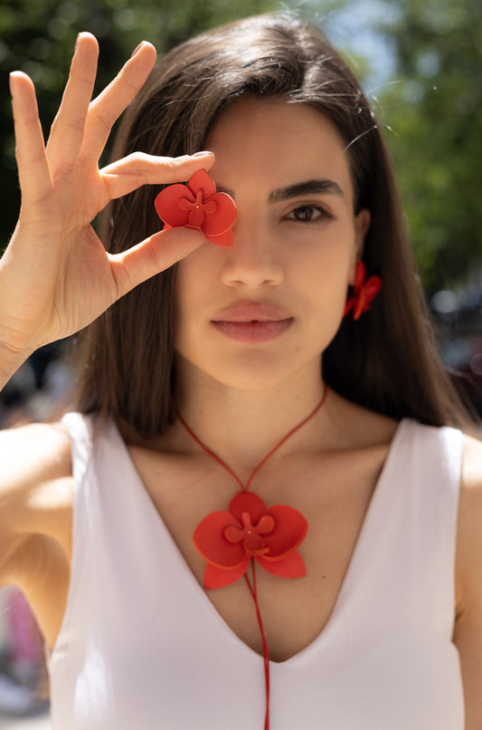 Set Colier + Cercei Orhidee - Rosu Coral