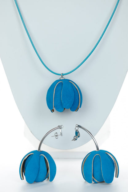 Set floral Colier si Cercei reglabil - Turcoaz + Bej