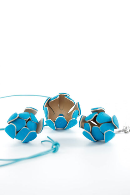 Set floral Colier si Cercei reglabil - Turcoaz + Bej