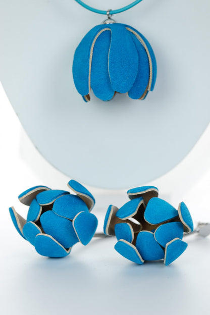 Set floral Colier si Cercei reglabil - Turcoaz + Bej