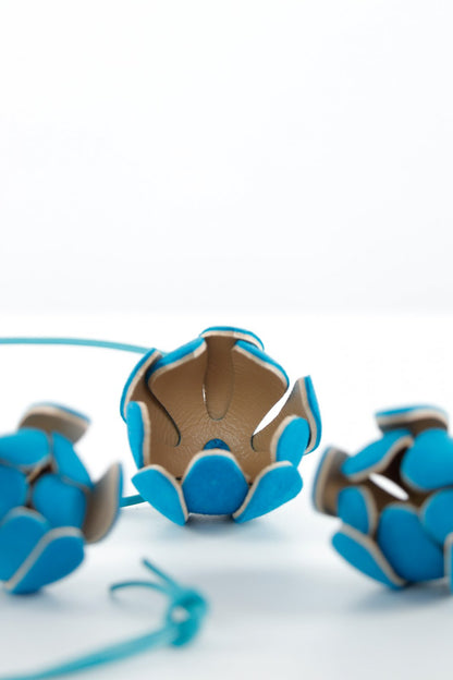 Set floral Colier si Cercei reglabil - Turcoaz + Bej