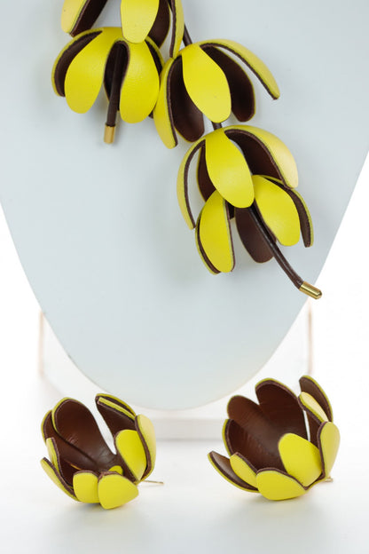 Set floral Colier si Cercei reglabil - Galben + Maro