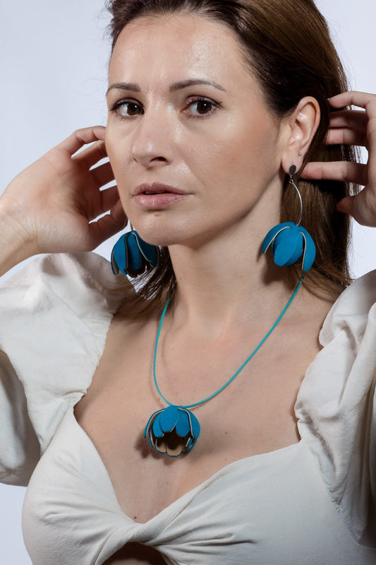 Set floral Colier si Cercei reglabil - Turcoaz + Bej